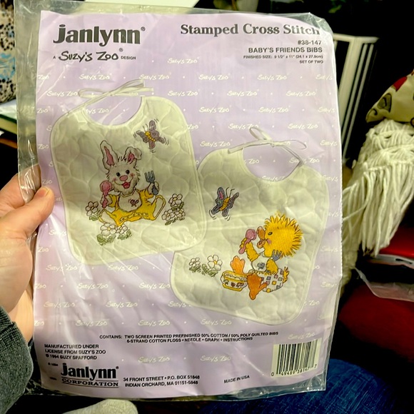 New, Stamped Cross-Stitch Kit, Baby Bibs Embroidery, Suzy’s School, Bird, Bunny - Picture 1 of 5